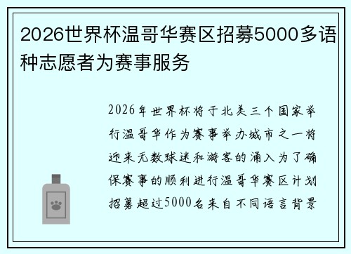 2026世界杯温哥华赛区招募5000多语种志愿者为赛事服务