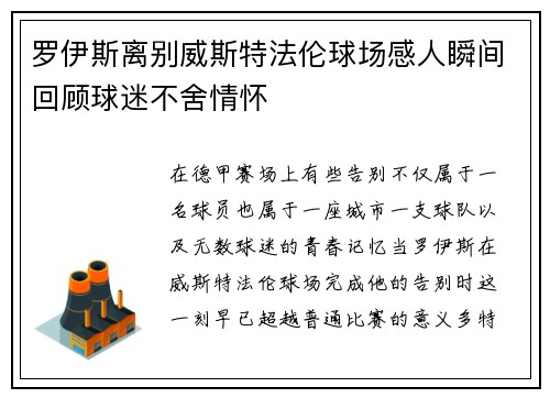 罗伊斯离别威斯特法伦球场感人瞬间回顾球迷不舍情怀